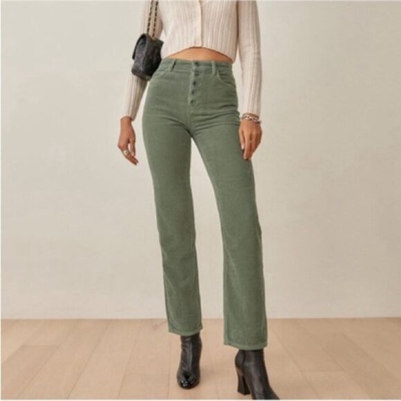 Reformation Pants - Reformation Cynthia Button Fly High Rise Straight Corduroy Pants in Moss